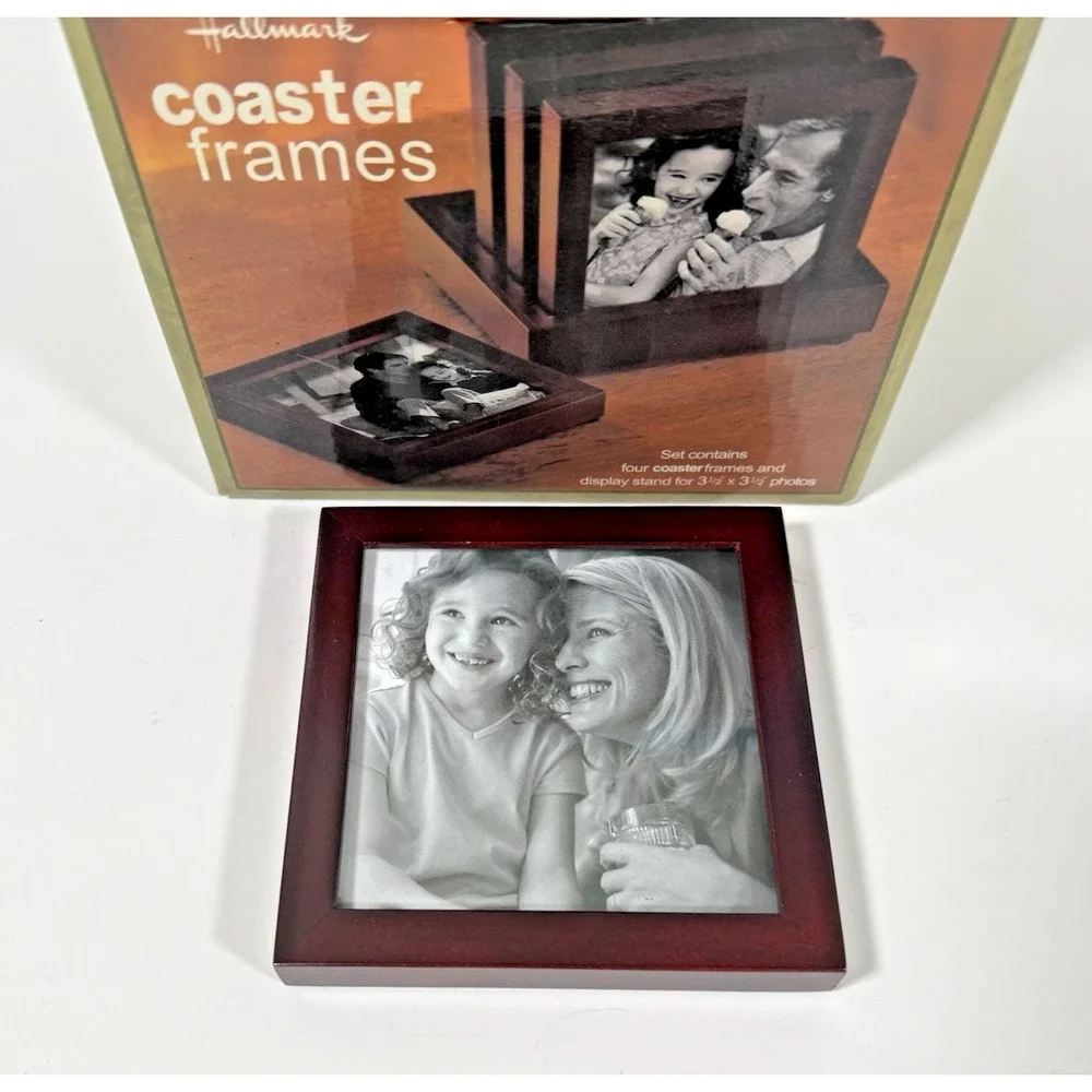 Hallmark Coaster Frames Set Brown Wood Glass 3.5x3.5 Photo Display New